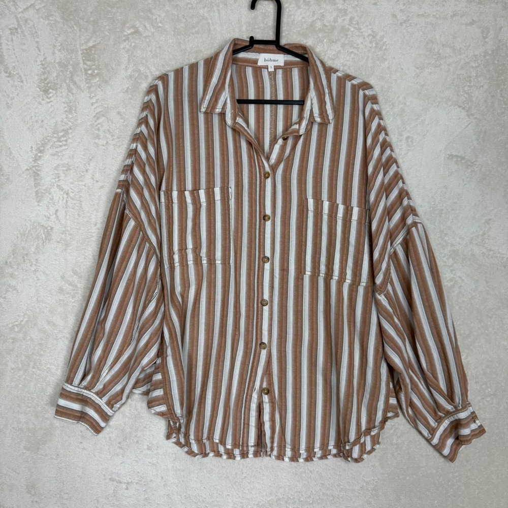 Böhme Womens Striped Button Down Shirt Tan White Oversized Small Minimalist